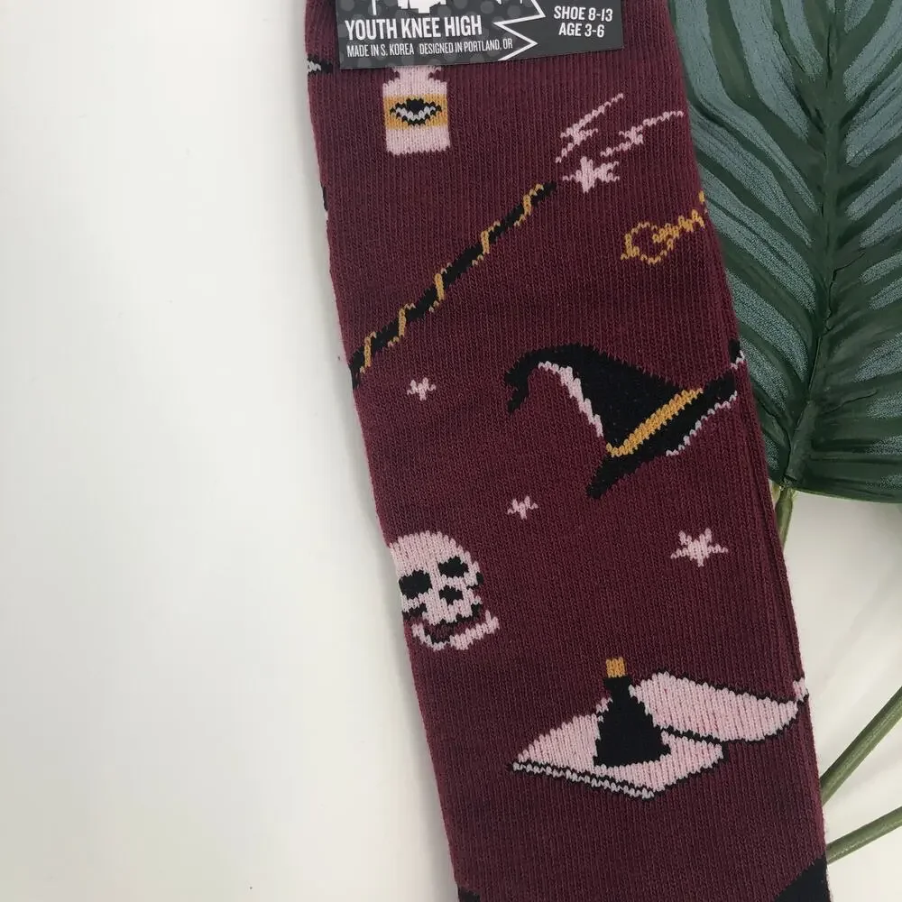 Sock It To Me Maroon Red Black Magic Hat Moon Spell Halloween Kids Knee Socks